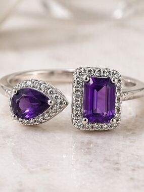 Amethyst Bypass Ring 💜 Pear & Emerald Cut Halo | Size 9+ | Sterling Silver